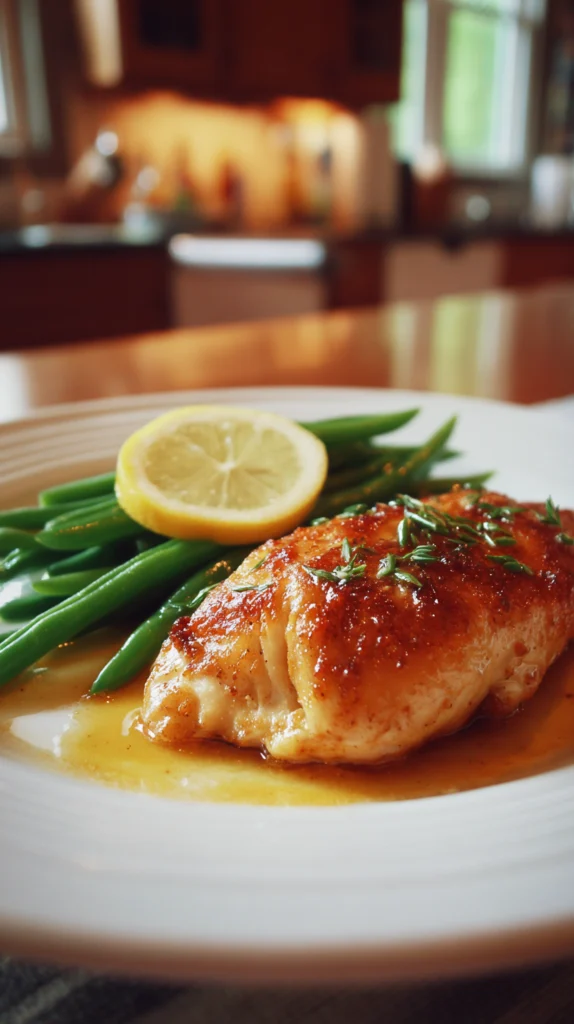 Oven baked bone in chicken breast steamed green beans