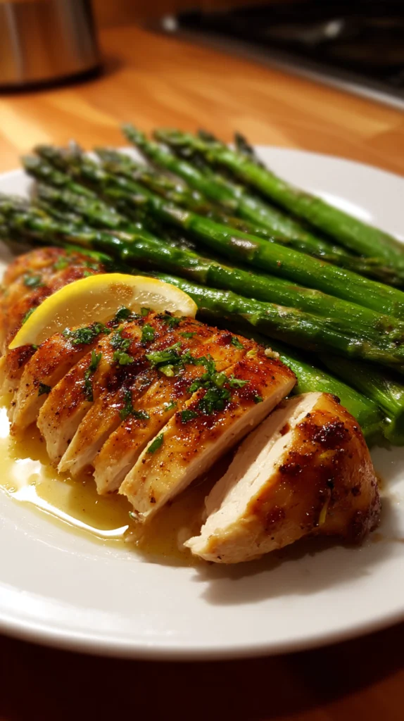 Bake thin chicken breast in oven roasted asparagus