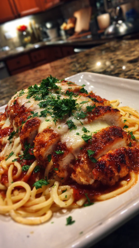 crispy pan fried chicken breast served over pasta with marinara sauce
