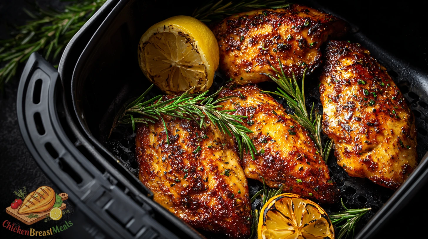 Sliced air fryer chicken breast on a wooden board with fresh parsley and lemon wedges.