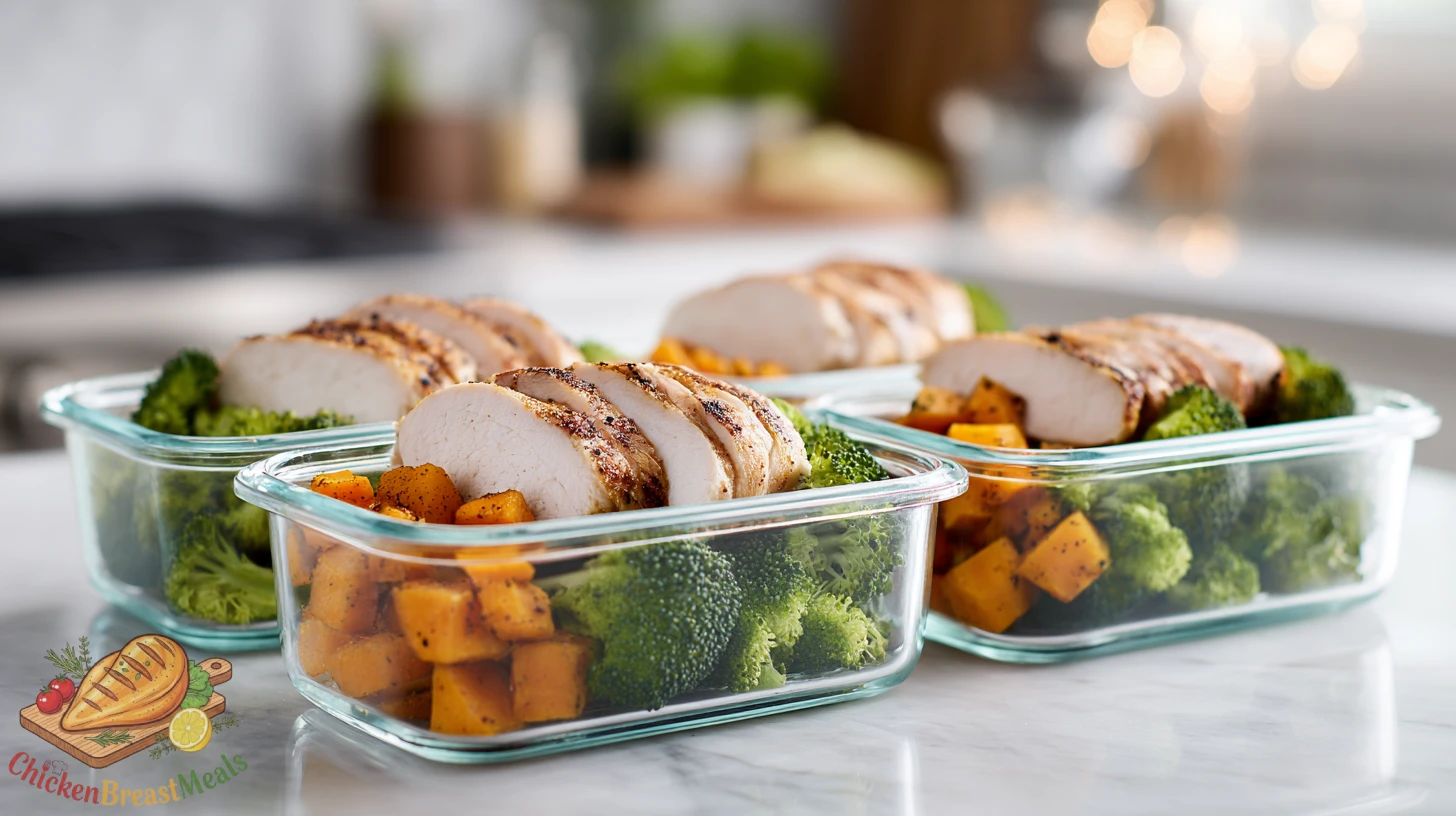 Multiple glass meal prep containers filled with cooked chicken breast and vegetables for the week.