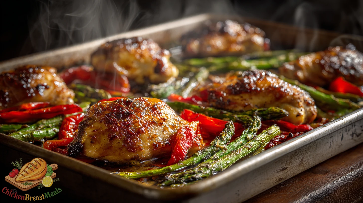 Golden brown oven baked chicken breast in a roasting pan with carrots and garlic cloves.