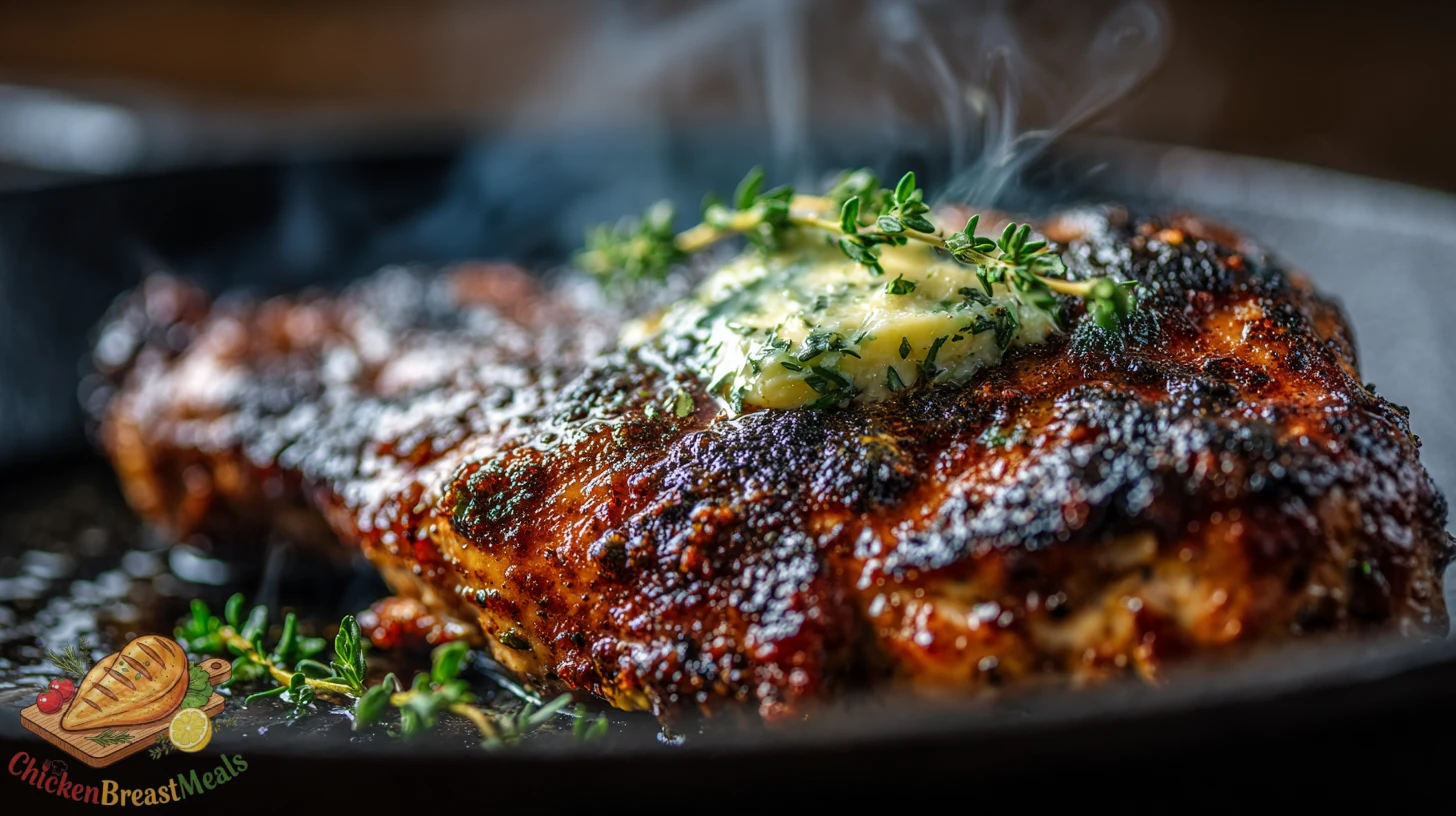 A seasoned pan fried chicken breast searing in a hot skillet with melted butter and herbs.