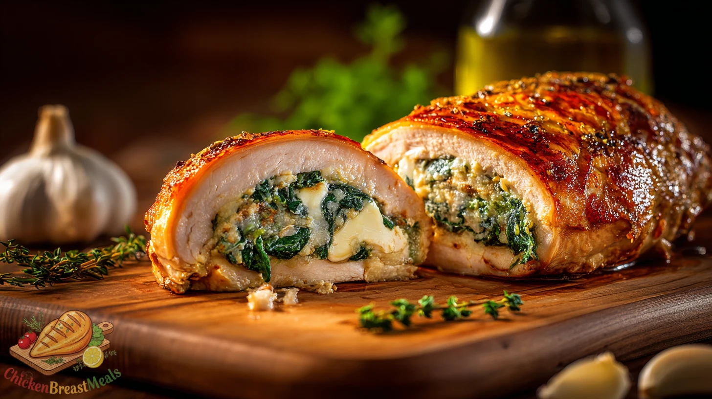 A stuffed chicken breast sliced open to show spinach and cheese filling next to fresh marinade ingredients.